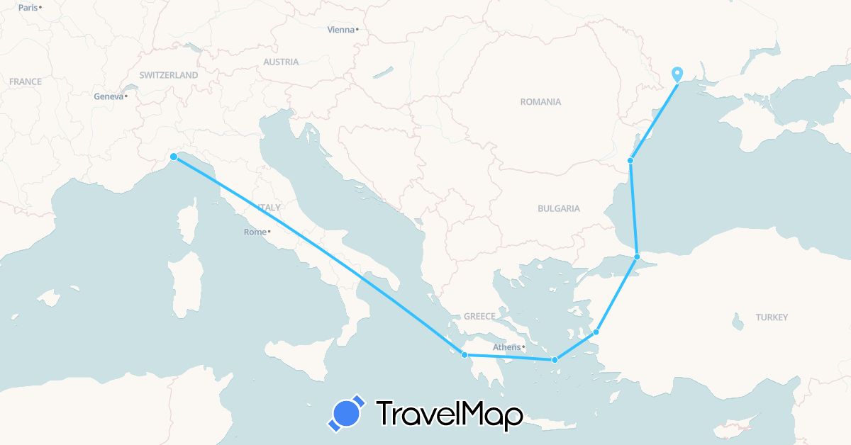 TravelMap itinerary: driving, boat in Greece, Italy, Romania, Turkey, Ukraine (Asia, Europe)